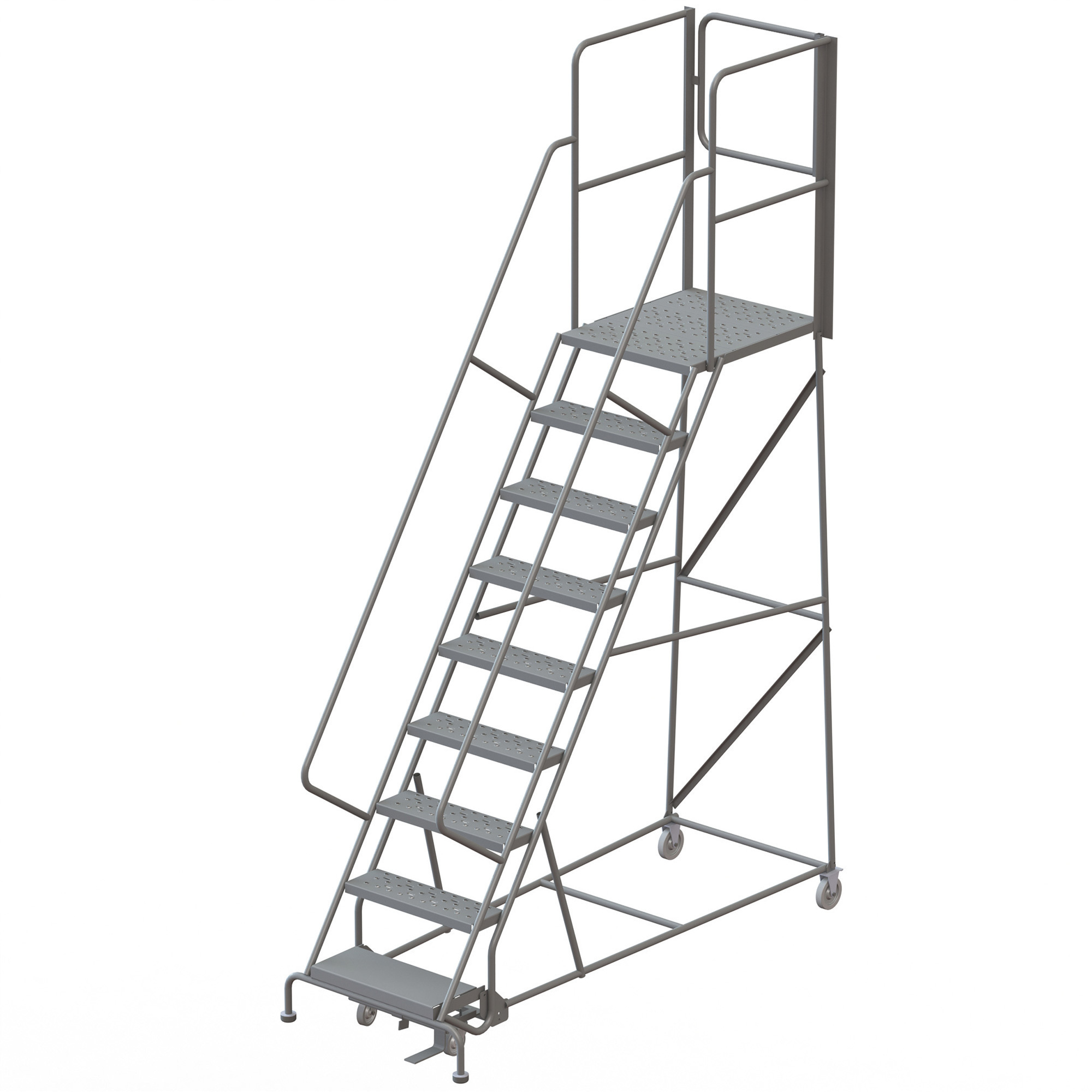 Tri-Arc 9-Step Steel Rolling Ladder with Perforated Steps and Rear Exit Gate, Gray, 24in.W x 30in.D Platform, 450-Lb. Capacity, Model# KDSR109246-XR